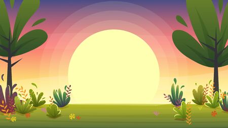 sunset park background, nature park or forest lawn glade and sunset sky sun violet and pink clouds. vector cartoon illustration landscapeのイラスト素材