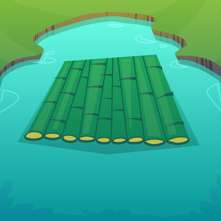 a raft on a lake made of bamboo wood. camping into the wild forest pond fishing shore with blue water and green grass field meadow. vector background illustrationのイラスト素材