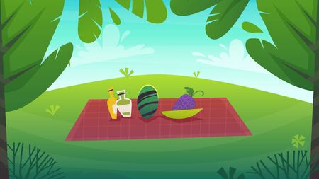 nature park background. green grass on the lawn field, bushes plants and flowers, trees landscape. comic book style vector sceneryのイラスト素材