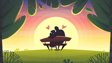 romantic date in nature park against the sunset sky. purple pink clouds and green sprout grass and trees in the garden. cartoon love date style vector illustrationのイラスト素材