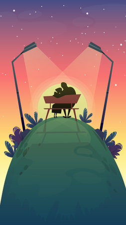 romantic date in nature park against the sunset sky. purple pink clouds and green sprout grass and trees in the garden. cartoon love date style vector illustrationのイラスト素材