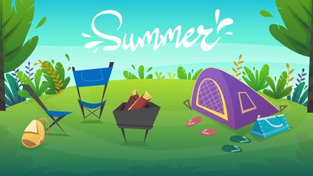 nature park background. green grass on the lawn field, bushes plants and flowers, trees landscape. comic book style vector sceneryのイラスト素材