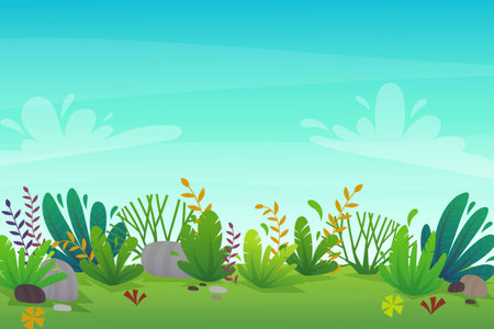 nature park background. green grass on the lawn field, bushes plants and flowers, trees landscape. comic book style vector sceneryのイラスト素材