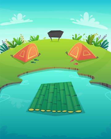 a raft on a lake made of bamboo wood. camping into the wild forest pond fishing shore with blue water and green grass field meadow. vector background illustrationのイラスト素材
