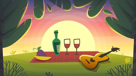 romantic date in nature park against the sunset sky. purple pink clouds and green sprout grass and trees in the garden. cartoon love date style vector illustrationのイラスト素材