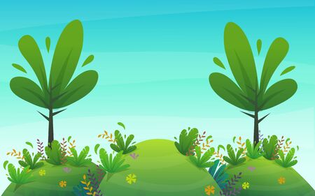 nature park background. green grass on the lawn field, bushes plants and flowers, trees landscape. comic book style vector sceneryのイラスト素材