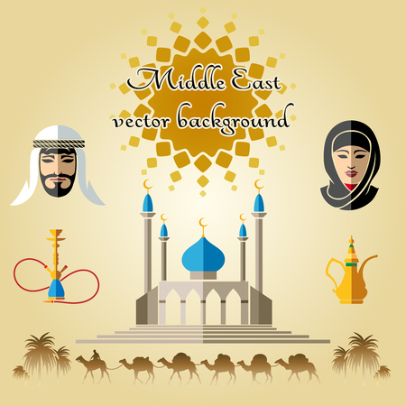Arab concept background with camels, mosque and people in traditional Middle East clothes.のイラスト素材