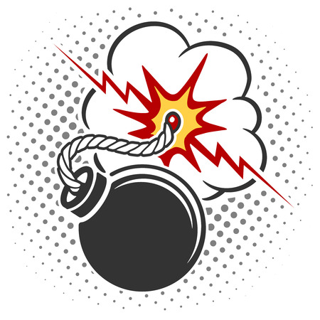 Bomb icon with burning wick. Pop art style bomb cartoon explosion.のイラスト素材