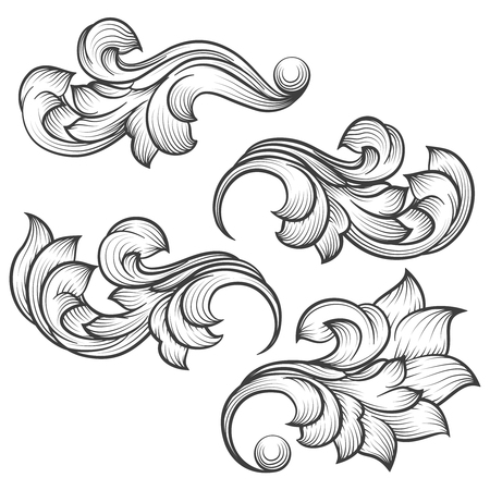 Baroque engraving leaf scroll. Retro foliage ornament element vector illustrationのイラスト素材