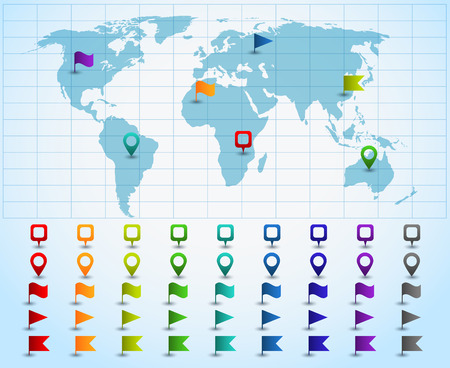 Map pointers on world map. Colorful pins on map. Vector illustrationのイラスト素材