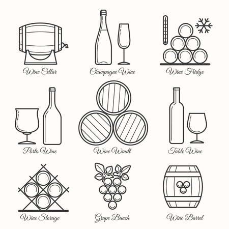 Wine line icons. Wine making process and wine drinking thin line signs.のイラスト素材