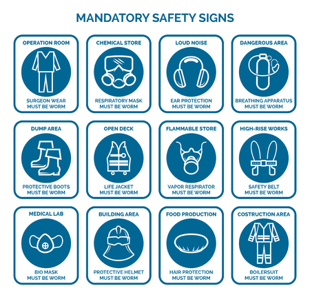 Mandatory health safety signs . Work safety equipment. Vector illustrationのイラスト素材