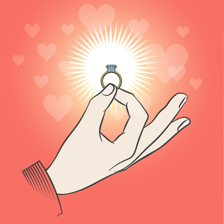 Male hand with wedding diamond ring. Marriage proposal vector illustrationのイラスト素材