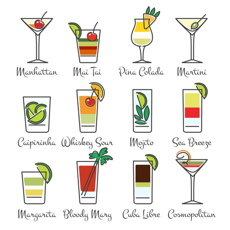 Alcohol cocktails linear icons. Cocktail drinks in line art style.のイラスト素材