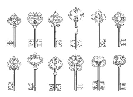 Vintage keys or victorian chaves line icons on white backgroud. Vector illustrationのイラスト素材