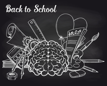 Illustration of the school objects and brain on the chalkboard. Vector illustrationのイラスト素材