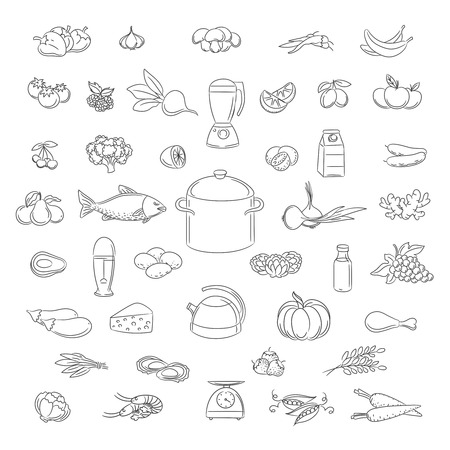 Food doodles set. Vector food hand drawn line iconsのイラスト素材