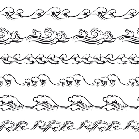 Hand drawn waves. Seamless borders with ocean waves vectorのイラスト素材
