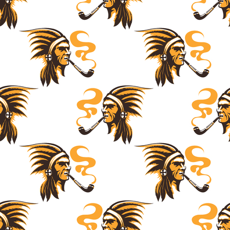 Seamless pattern with native american indian with pipe smoking. Vector illustrationのイラスト素材