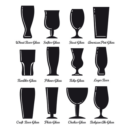 Flat beer glasses icons set vector. Black glasses isolated on white backgroundのイラスト素材
