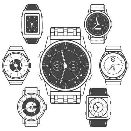 Watch black icons on white background. Vector hand watch setのイラスト素材