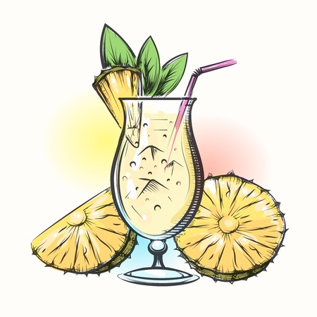Pina colada tropical pineapple and coconut cocktail. Vector illustration in watercolor styleのイラスト素材