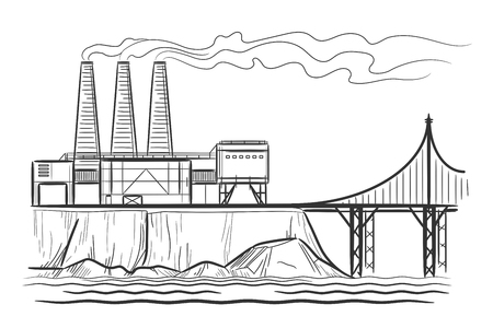 Factory industrial landscape with bridge engraving vector illustrationのイラスト素材