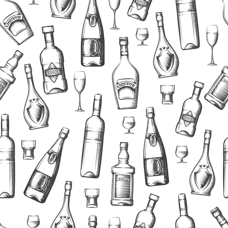 Seamless pattern with hand drawn alcoholic drinks. Vector illustrationのイラスト素材