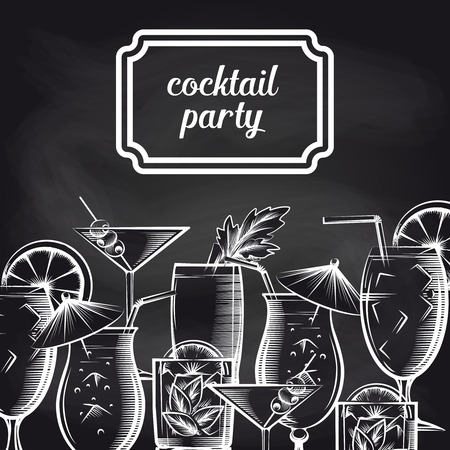 Cocktail party chalkboard background with hand drawn drinks vectorのイラスト素材