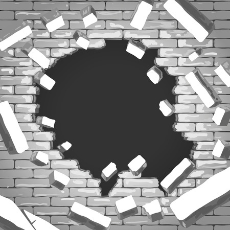 Destroyed brick wall background. Hole in grey brick wall illustrationのイラスト素材