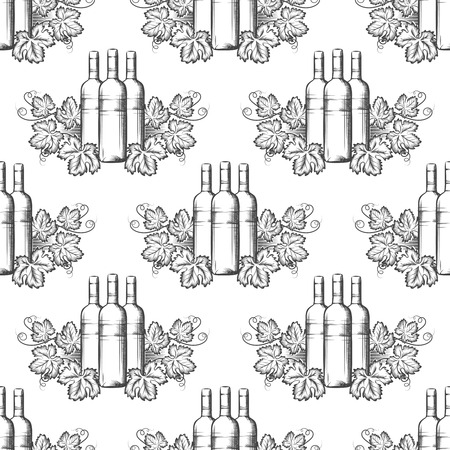 Wine seamless pattern with hand drawn bottles and grapes leaves. Vector illustrationのイラスト素材