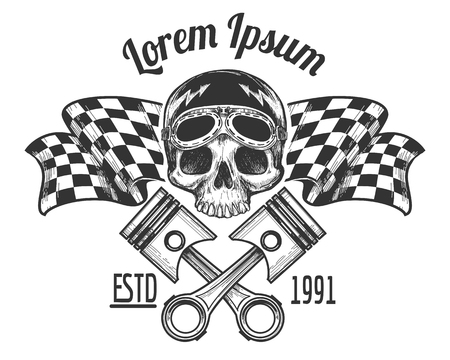 Vintage biker rider skull tattoo banner with racing checkered flags vector illustrationのイラスト素材