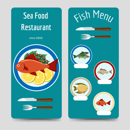 Sea food restaraunt menu design. Fish menu flyers template vector illustrationのイラスト素材