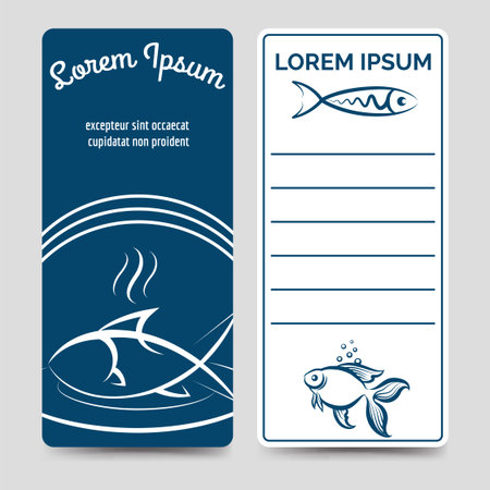Vertical banners with fish. Blue and white sea food restaurant vector flyersのイラスト素材