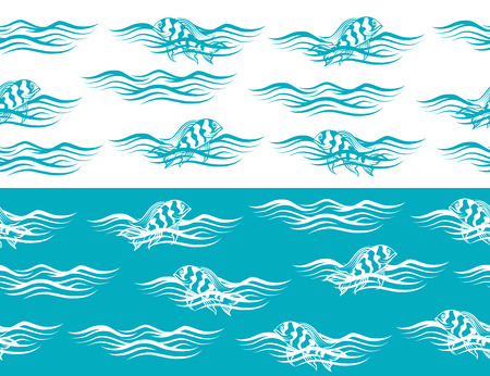 Ocean seamless borders with fish in the waves. Vector illustrationのイラスト素材