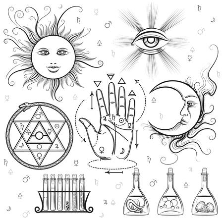 Esoteric signs. Vector symbols of philosophy and alchemy, masonic and occult sciencesのイラスト素材