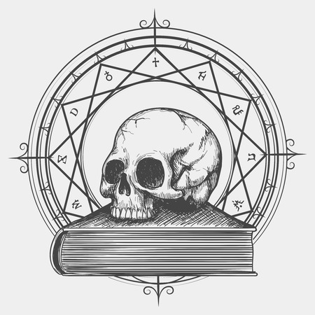Magic book sketch. Esoteric concept of human skull on occult book hand drawn vector illustrationのイラスト素材