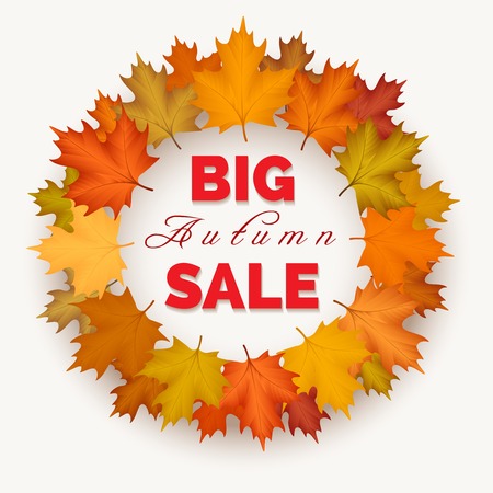 Big autumn sale wreath label. Vector autumn leaves fall border isolated on white backgroundのイラスト素材