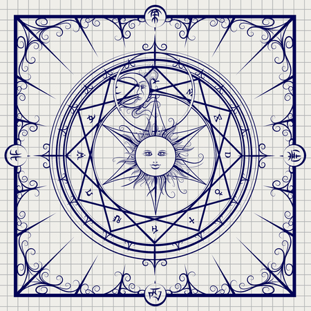 Sketch of alchemy magic circle on notebook background. Vector illustrationのイラスト素材