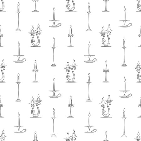 Monochromic seamless pattern with hand drawn candles isolated on white background. Vector illustrationのイラスト素材