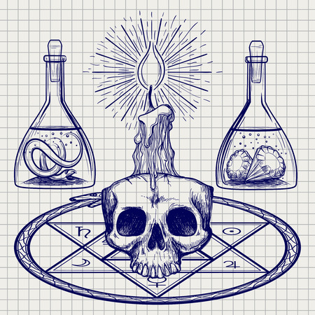 Ball pen sketch with skull candle and occult elements. Vector illustrationのイラスト素材