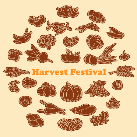 Harvest festival stickers with lined vegetables and fruits icon set. Vector illustrationのイラスト素材