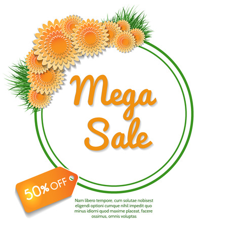 Mega sale banner with orange flowers bouquet and grass isolated on white background. Vector illustrationのイラスト素材