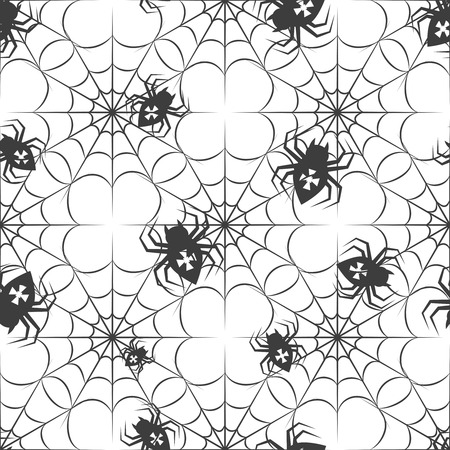 Monochromic seamless pattern with spiders and spider web. Halloween pattern vector illustrationのイラスト素材