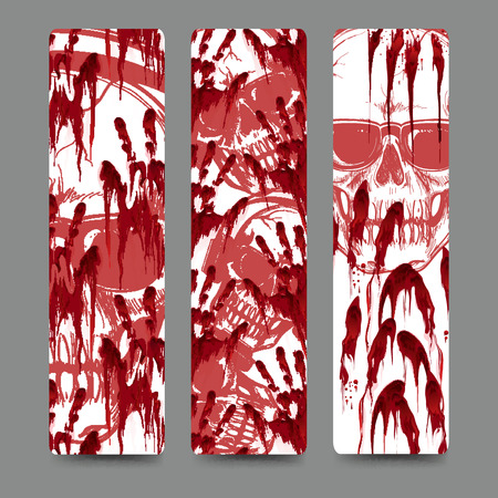 Set of bookmark with bloody handprints and skull in sunglasses. Vector illustrationのイラスト素材
