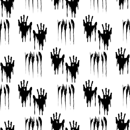 Black handprints on white seamless pattern. Horror background vector illustrationのイラスト素材