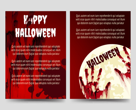 Halloween brochure flyer template with bloody handprints and moon. Vector illustrationのイラスト素材