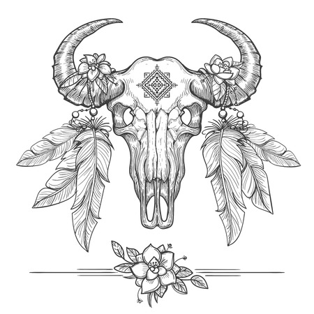 Buffalo or american bison skull on tribal boho style. American Indians dead cow head vector illustrationのイラスト素材