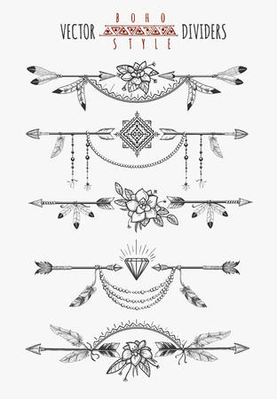 Arrow feather drawing page dividers. Wild boho gypsy romantic elements for invitation design. Vector illustrationのイラスト素材