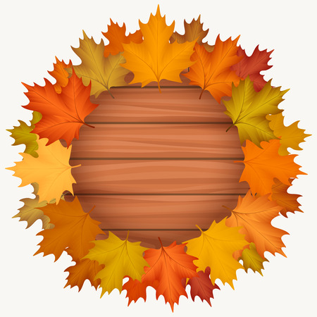 Circle wood banner with colorful autumn leaves wreath vectorのイラスト素材